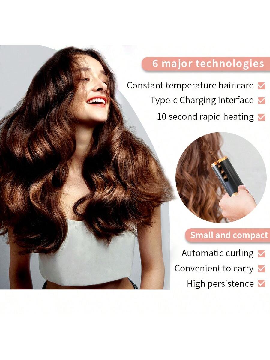 1pc Automatic Hair Curler Iron, Large Wave Style With Negative Ion Technology, Portable Mini Wireless Hair Curling Device