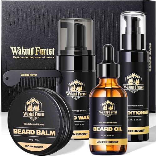 Waking Forest Beard Growth Kit, [Biotin Beard Growth] Luxury Biotin Beard Grooming Kit with Beard Oil Sandalwood Scent, Gifts for Men Him