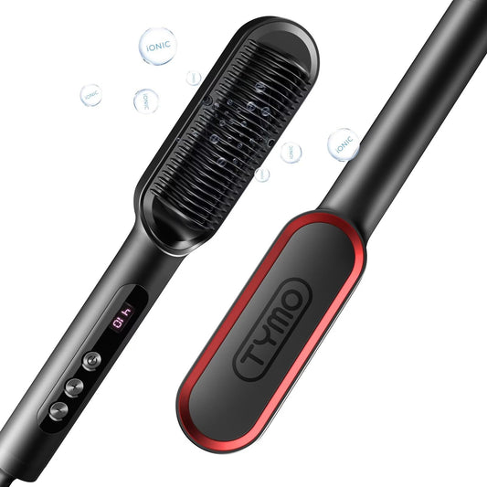 TYMO Ring Plus Ionic Hair Straightener Brush - Straightening Comb with Negative Ions, Titanium Coating, 9 Temp Settings & LED Display, Dual Voltage, Professional Styling Tools, Gifts for Women