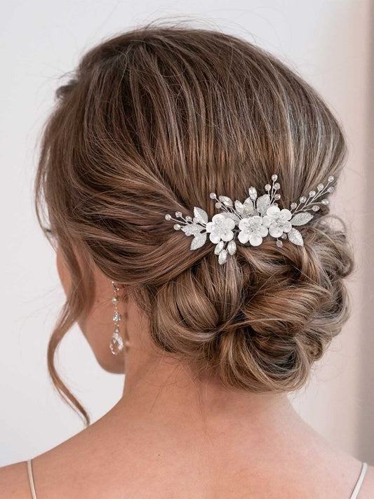 Catery Flower Bride Wedding Hair Comb Bridal Hair Pieces Bride Rhinestones Hair Jewelry Opal Headpieces Bead Side Combs Decorative Hair Accessories for Women and Girls (A-Silver)